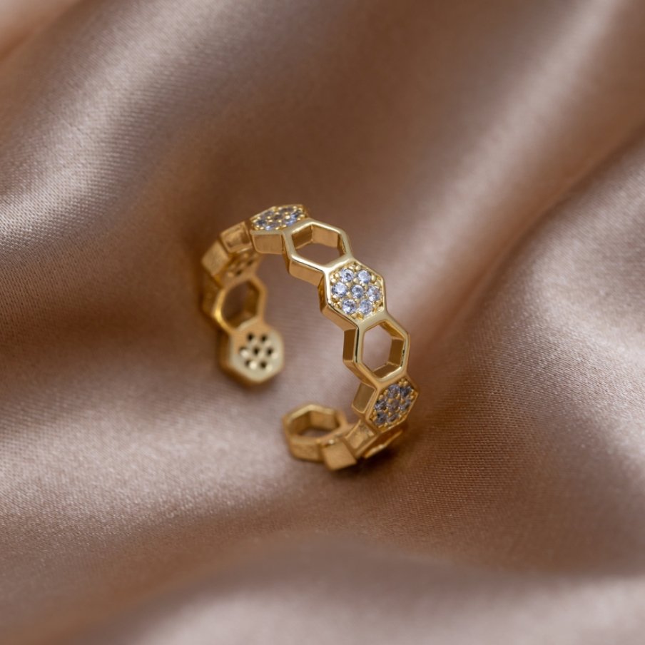 Gold & Crystal Honeycomb Ring